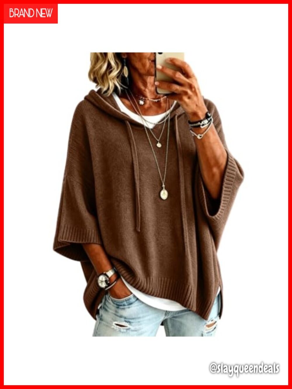 Womens Oversized Hooded Sweater 3/4 Batwing Sleeve Knit Pullover Top